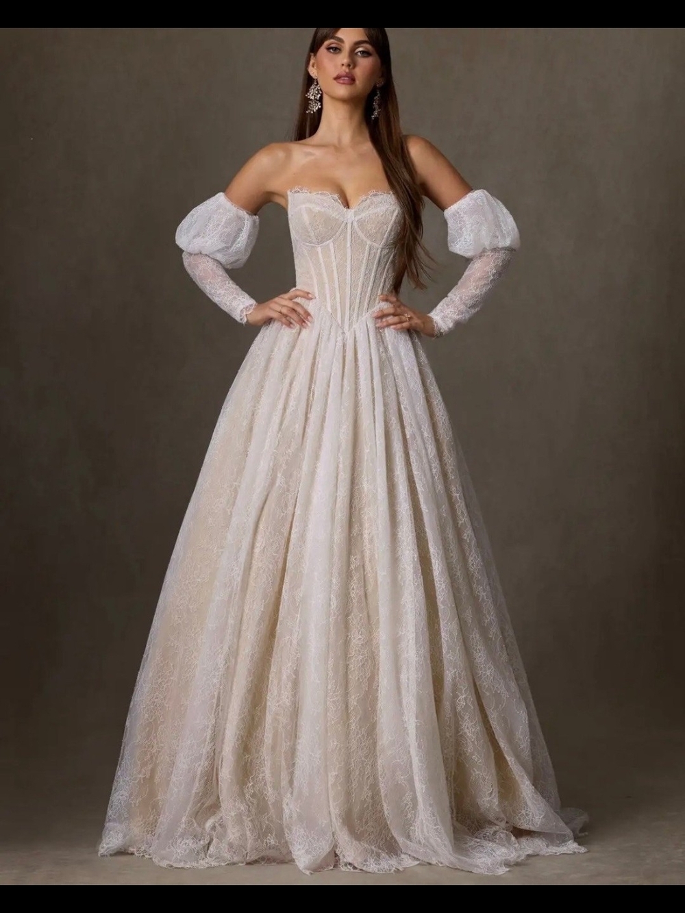 Azazie Champagne Lace Off-Shoulder Ball Gown